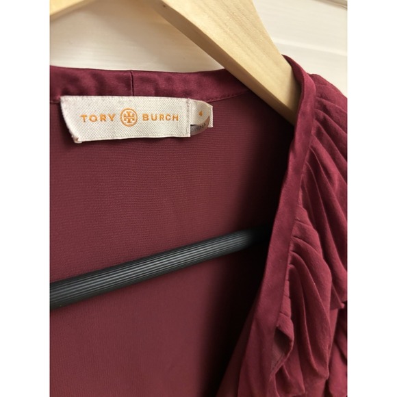Tory Burch Women's 100%‎ Silk Ruffle Diana Burgundy Blouse Top Size 4 $348 - Picture 3 of 6